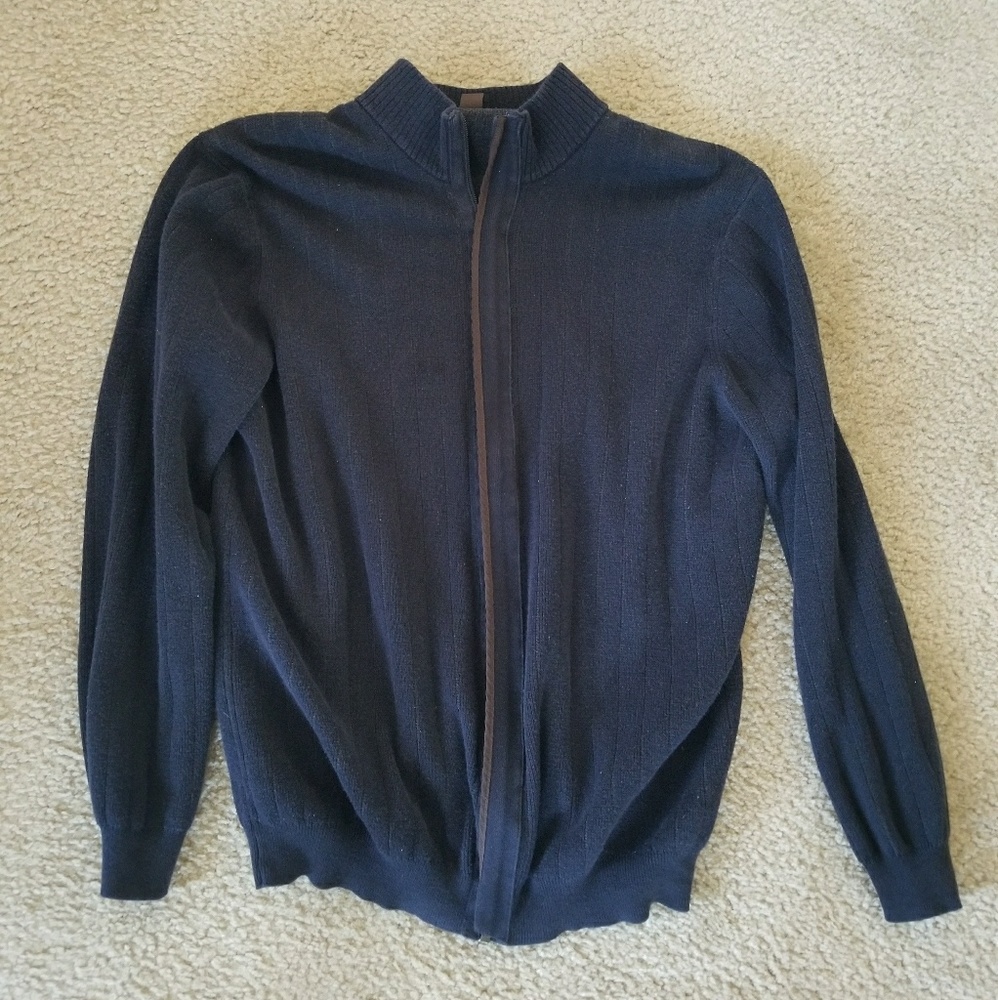 Tasso Elba Navy Full Zip Sweater w/ Suede Elbows